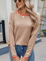 Women's Contrast Stripe Crew Neck Long Sleeve Knit Sweater