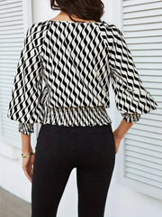 Geometric Print Lantern Sleeve Smocked Waist Blouse