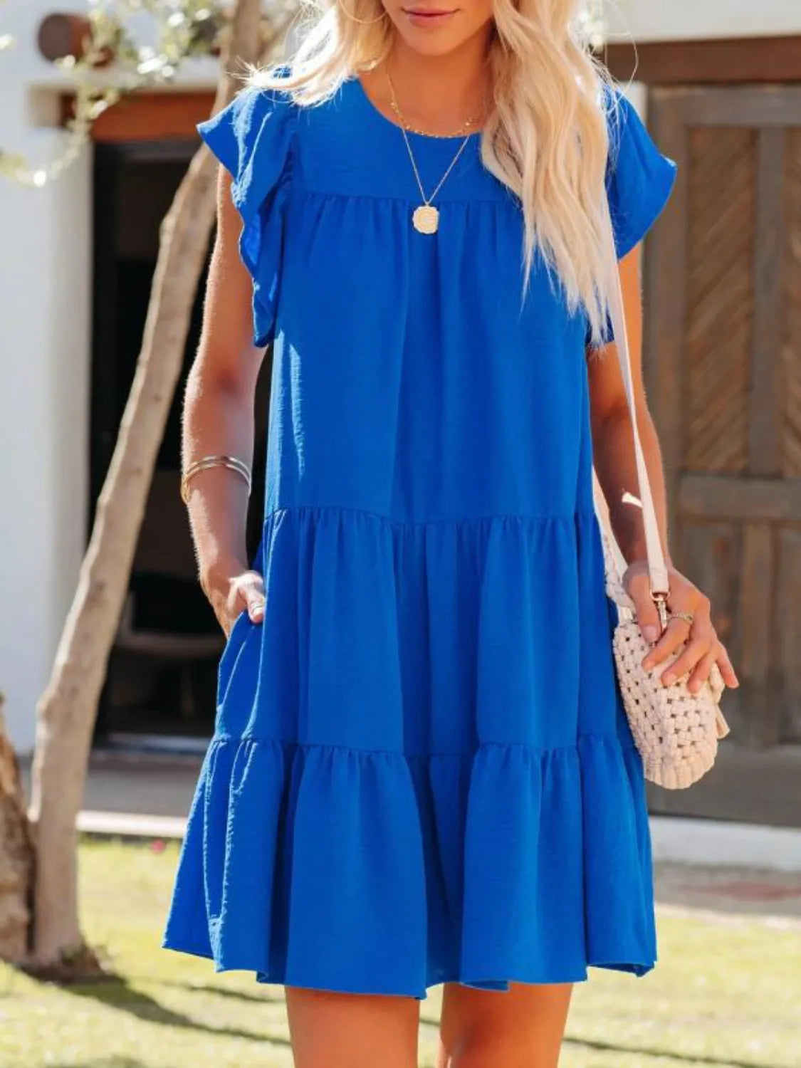 Trendy Ruffled Round Neck Cap Sleeve Mini Dress