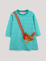 Children's Striped Bird Applique Long Sleeve Dress