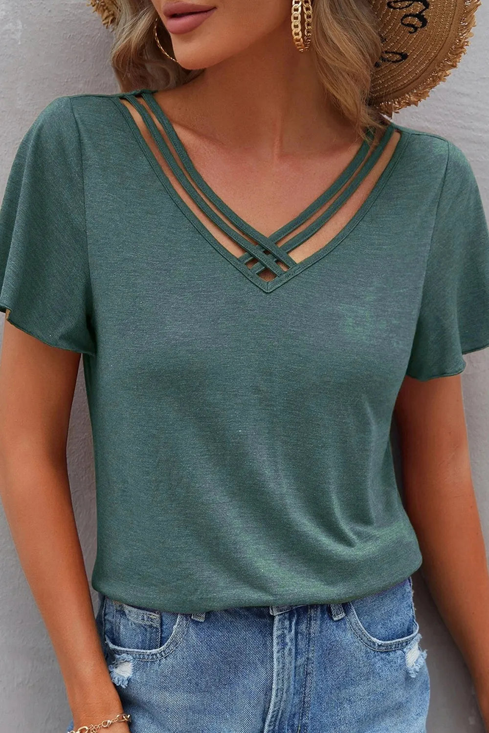 Elegant V-Neck Short Sleeve T-Shirt