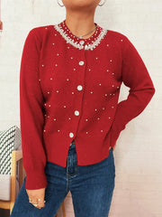 Pearl Detail Button-Front Cardigan