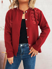 Floral Button-Front Long Sleeve Knit Cardigan