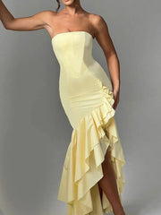 Strapless Ruffle High-Low Bodycon Dress