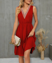 V-Neck Sleeveless Midi Dress with Lace Trim
