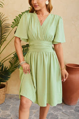 Short Sleeve Ruched Wrap Style Dress