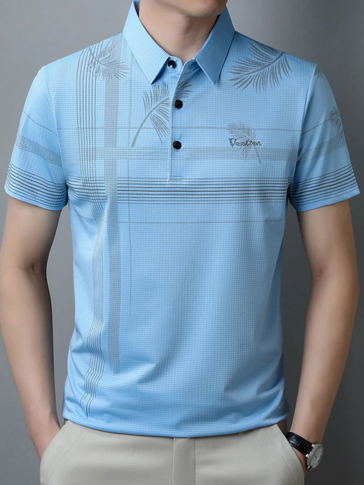 Men's Plus Size Palm Leaf Print Short Sleeve Polo Shirt