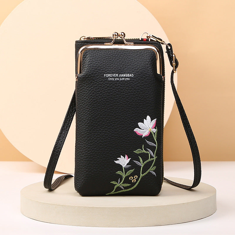 Flower Embroidery Fashion Phone Bag With Lock Buckle Wallet Shoulder And Crossbody Bags
