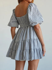 Ruffled Hem Plaid Half Sleeve Mini Dress