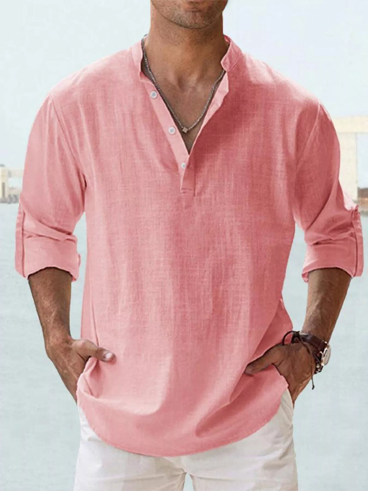 Men's Full Size Casual Button Detail Roll-Up Sleeve Blouse Plus Size