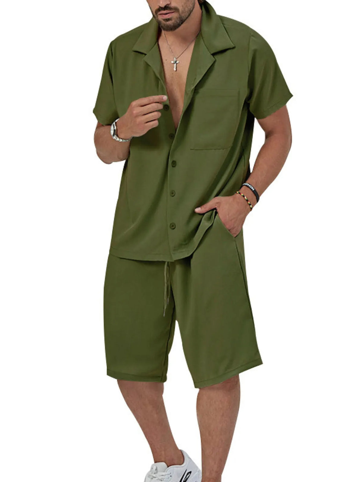 Men's Plus Size Casual Button Shirt and Shorts Outfit