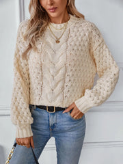 Classic Cable-Knit Long Sleeve Sweater with Round Neck