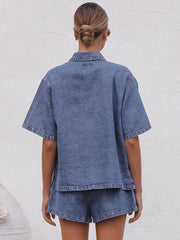 Collared Neck Button Up Top and Shorts Denim Set