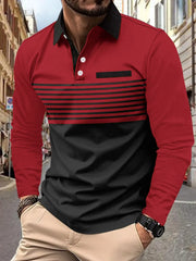 Men's Full Size Collared Neck Long Sleeve Striped Polo Plus Size