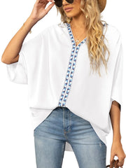 Oversized Contrast V-Neck Half Sleeve Blouse