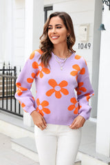 Angel Wings Floral Print Dropped Shoulder Round Neck Pullover Sweater