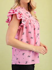 Notched Ruffled Cap Sleeve Blouse
