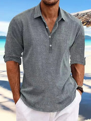 Men's Full Size Casual Linen Long Sleeve Polo Shirt Plus Size