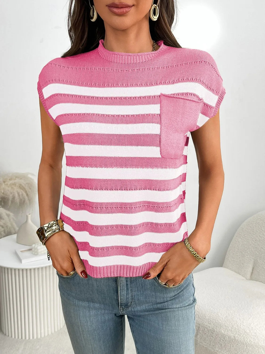 Striped Mock Neck Cap Sleeve Knit Top