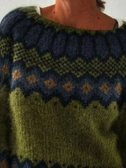 Full Size Retro Pattern Round Neck Knit Sweater Plus Size