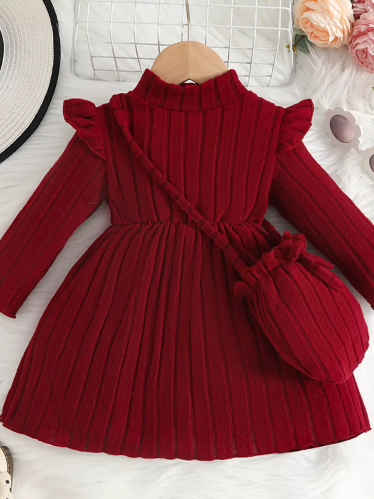 Children's Ribbed Knit Ruffle Trim Dress with Bag