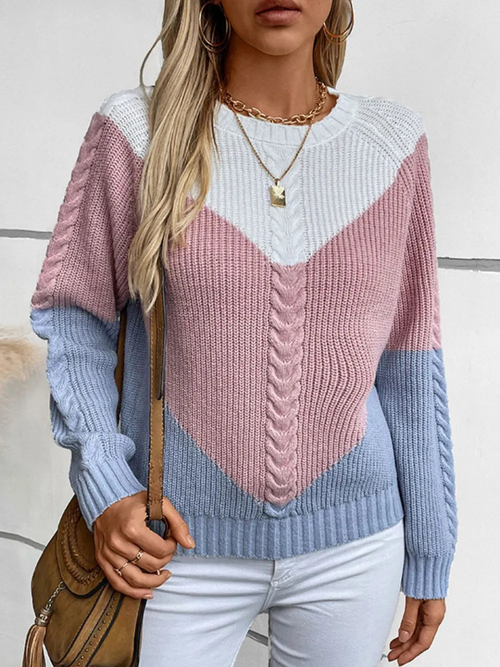 Color Block Round Neck Long Sleeve Knit Sweater