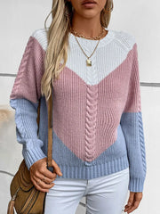 Color Block Round Neck Long Sleeve Knit Sweater