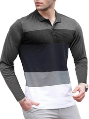 Men's Color Block Striped Long Sleeve Polo Shirt