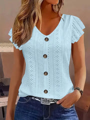 Eyelet Button-Front Flutter Sleeve Top