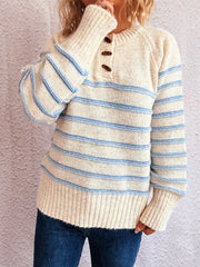 Button-Accent Striped Long Sleeve Knit Sweater