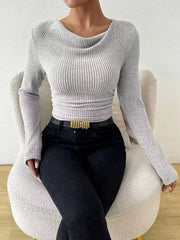 Cowl Neck Long Sleeve Ribbed Top