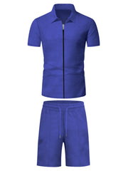 Men's Plus Size Zip Up Short Sleeve Top and Shorts Set