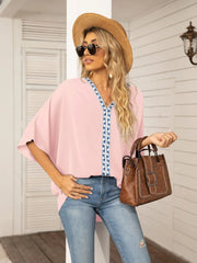 Oversized Contrast V-Neck Half Sleeve Blouse