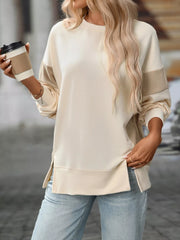 Trendy Side Slit Round Neck Sweatshirt