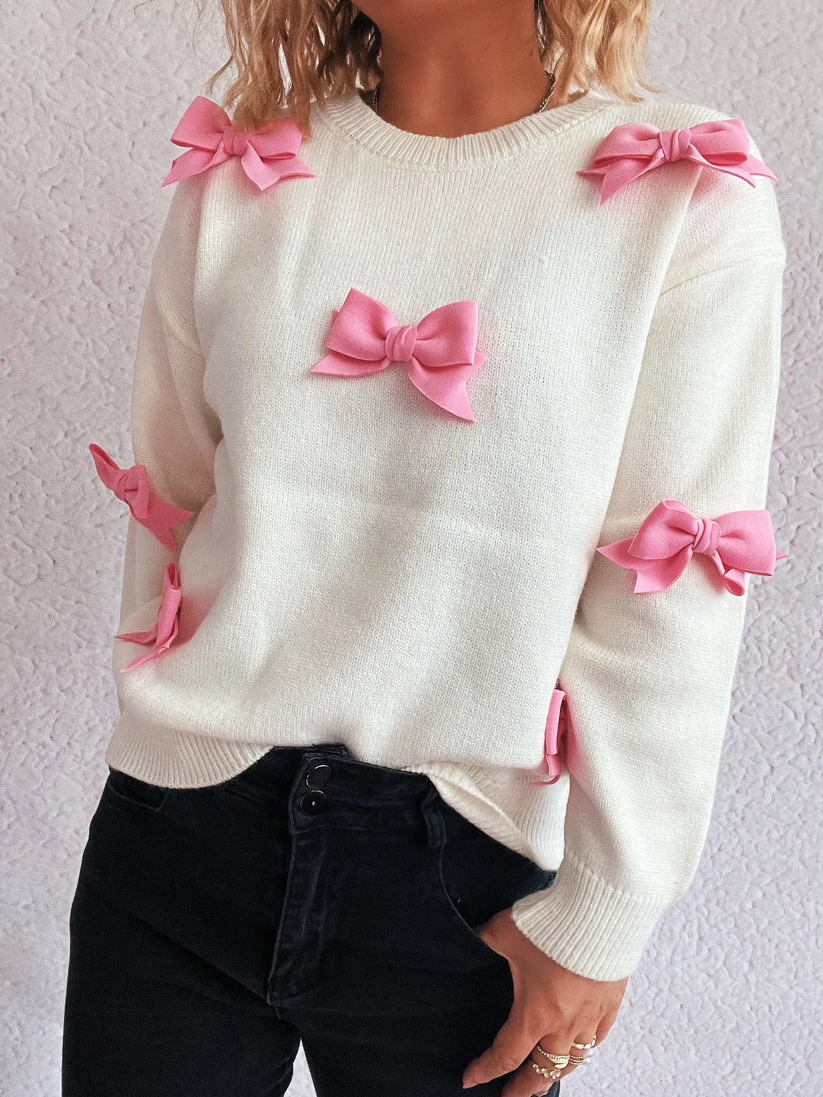 Classic Bow Round Neck Long Sleeve Sweater