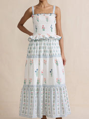 Smocked Ruffled Square Neck Maxi Dress