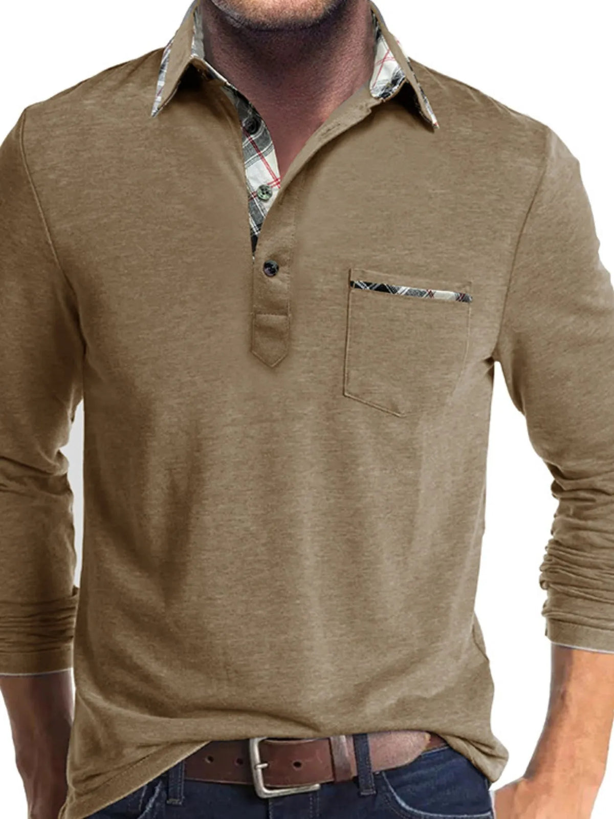 Men's Full Size Plaid Collar Neck Long Sleeve Polo Shirt Plus Size