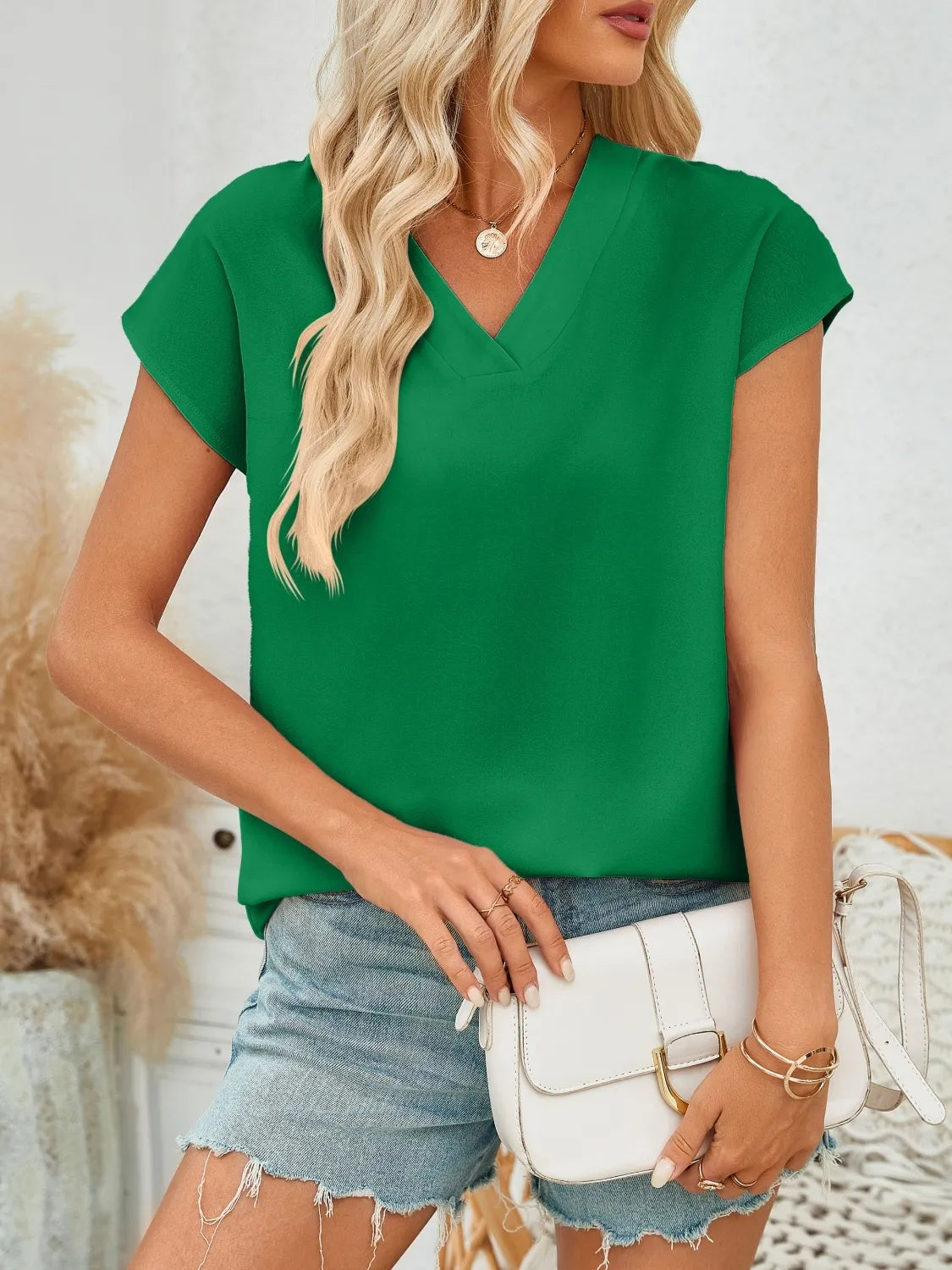 V-Neck Cap Sleeve Blouse
