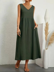 Full Size Pocketed V-Neck Sleeveless Midi Dress Plus Size