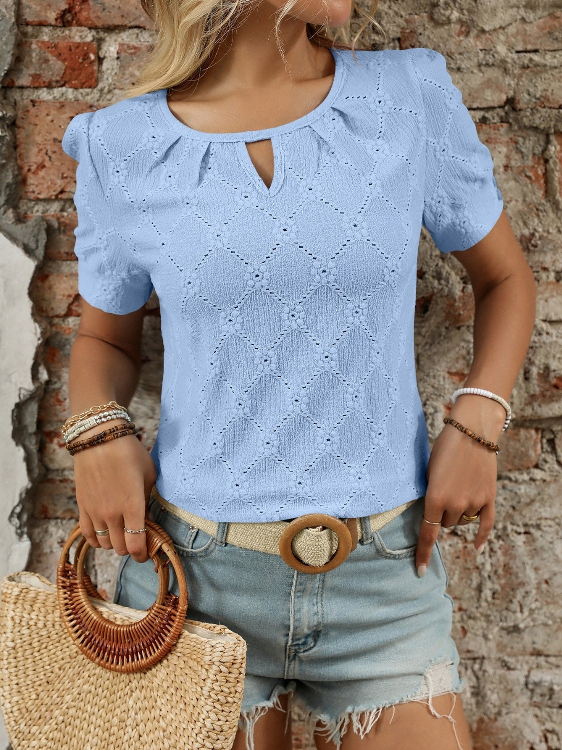 Breezy Eyelet Round Neck Short Sleeve Top