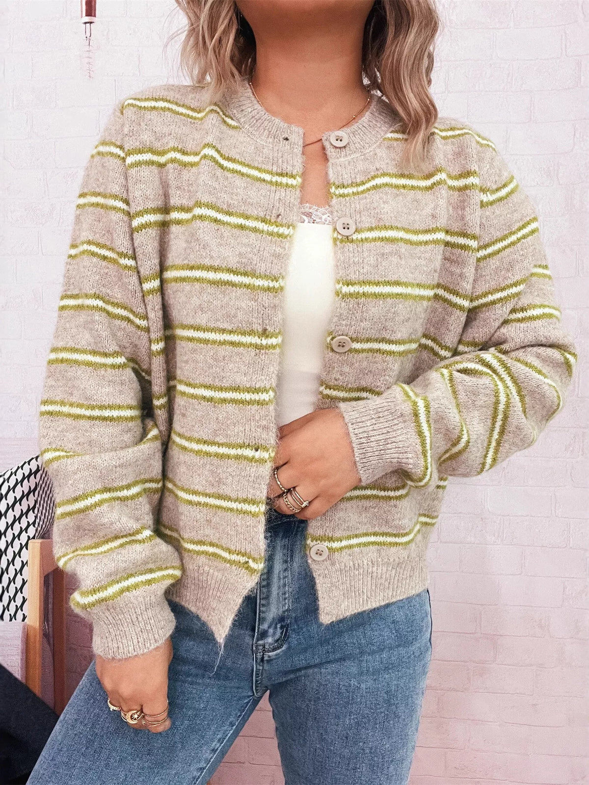 Classic Striped Button-Front Long Sleeve Cardigan