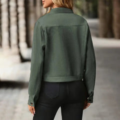 Women's Faux Suede Cropped Jacket, Vintage Stand Collar Short Coat Casual Button Up Fall Outwear
