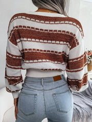 Colorblock Cropped Knit Sweater with Round Neck