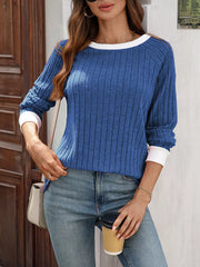 Ribbed Round Neck Raglan Sleeve Knit Top