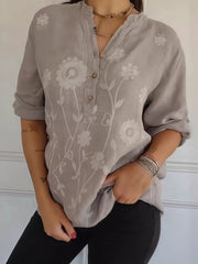 Full Size Floral Embroidered Button Detail Blouse Plus Size