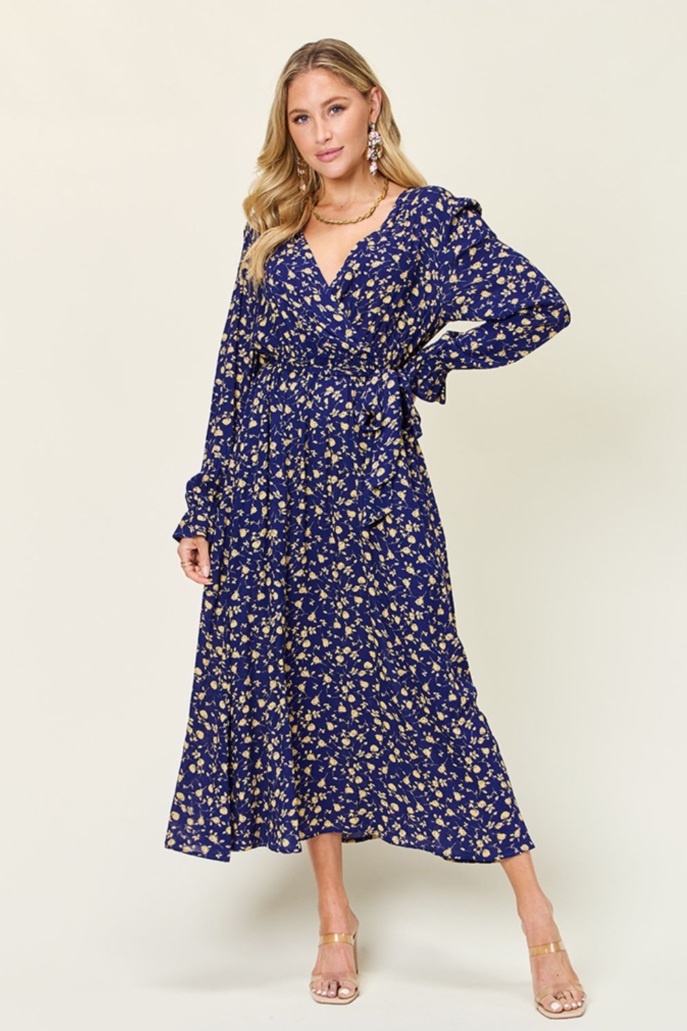 Double Take Full Size Flounce Sleeve Tie Back Dress
