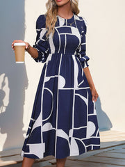 Perfee Smocked Color Block Long Sleeve Midi Dress