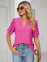Florira Eyelet Notched Short Sleeve T-Shirt