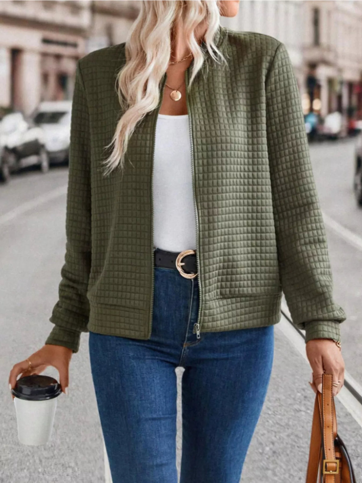 Textured Long Sleeve Zip-Front Jacket