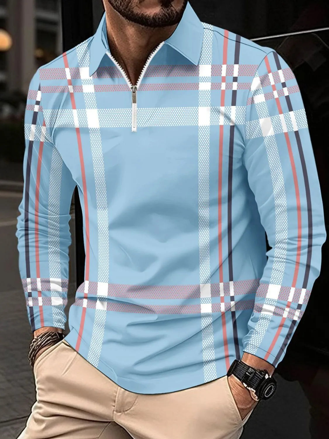 Men's Full Size Plaid Zip Collar Long Sleeve Polo Plus Size